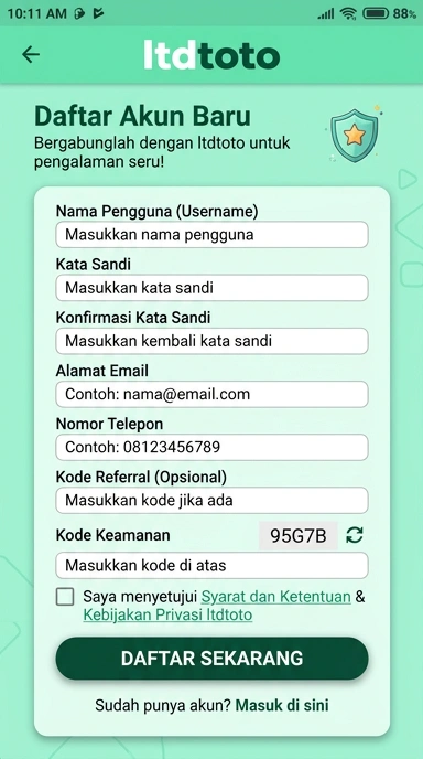 Tampilan halaman daftar ltdtoto